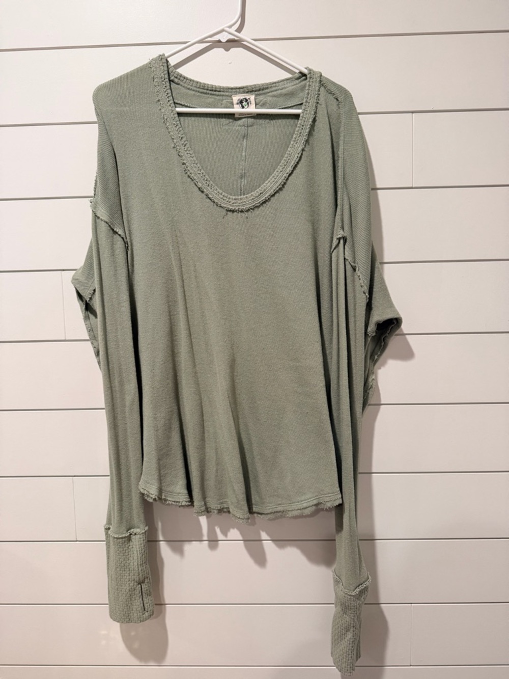 FP Colby Long Sleeve Sage Green Oversized Raw-Edge V-Neck Sweatshirt